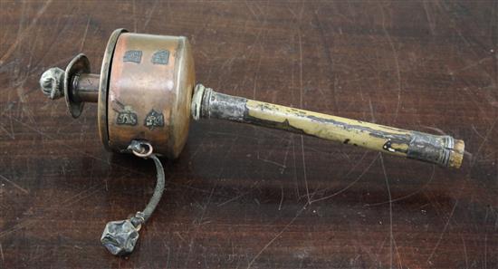 A Tibetan childs copper and wood prayer wheel, late 19th century 22.5cm